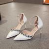 Fashion 2025 White Wedding Bridesmaid Shoes Fashion Rhinestone Fringe Chain High Heels Black Temperament Elegance Pumps Women Sandals