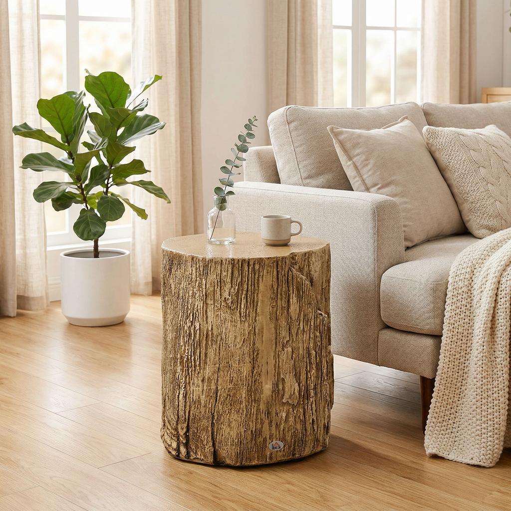 Tree Stump End Table, Round Concrete Side Table for Indoor and Outdoor Use, Natural Wood Effect