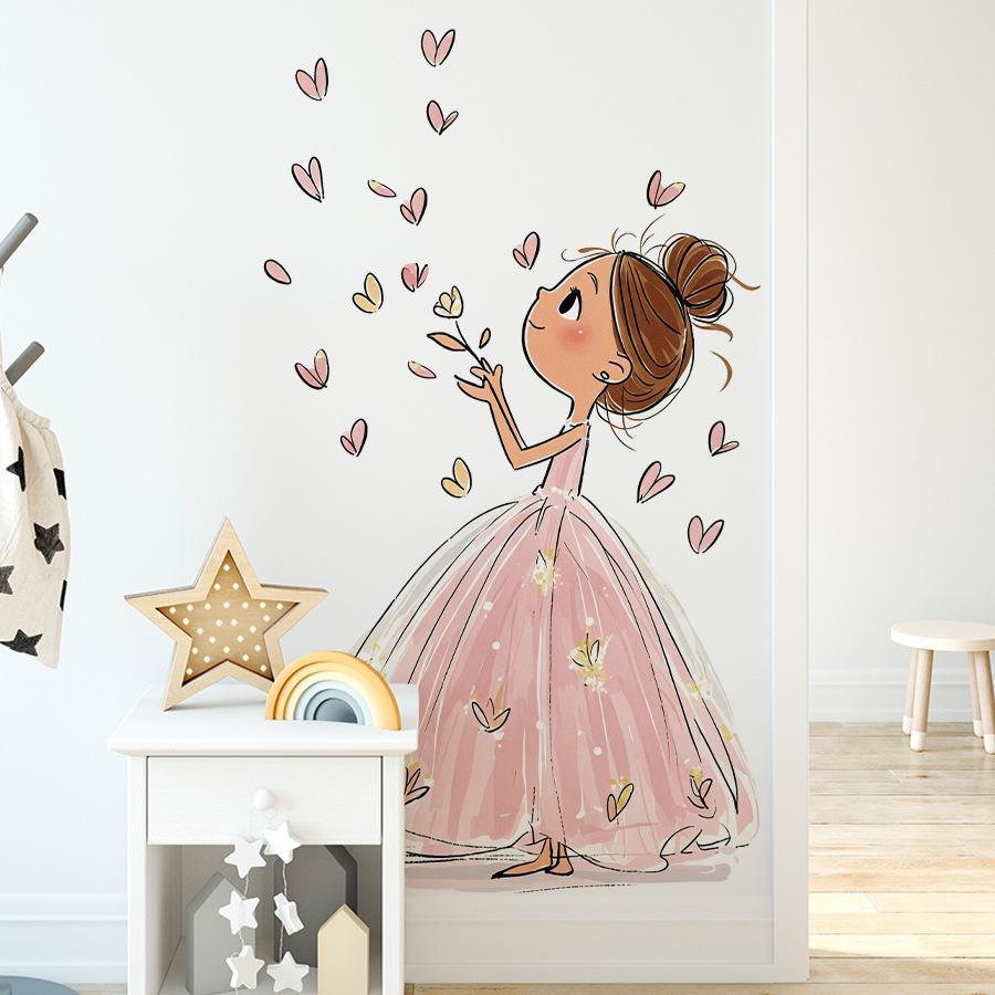 Pink Princess Dress Girl Wall Sticker for Girls Bedroom Heart Petal Dreamy Home Decor