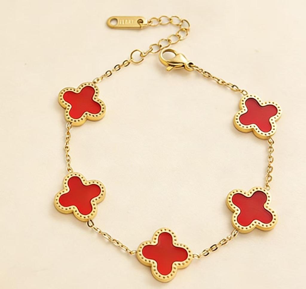 Zestaw biżuterii ze stali tytanowej w kształcie czterolistnej koniczyny z masą perłową: Naszyjnik, Bransoletka i Kolczyki - Damska Moda Prosty Luksusowy Design.