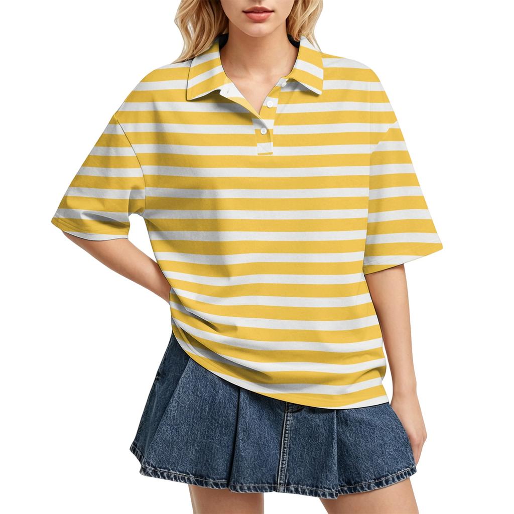 Camisa Polo Casual para Mujer de Corte Holgado con Mangas Cortas, Ligera, con Patrón de Rayas, Top de Verano con Cuello Clásico y Tapeta de Botones