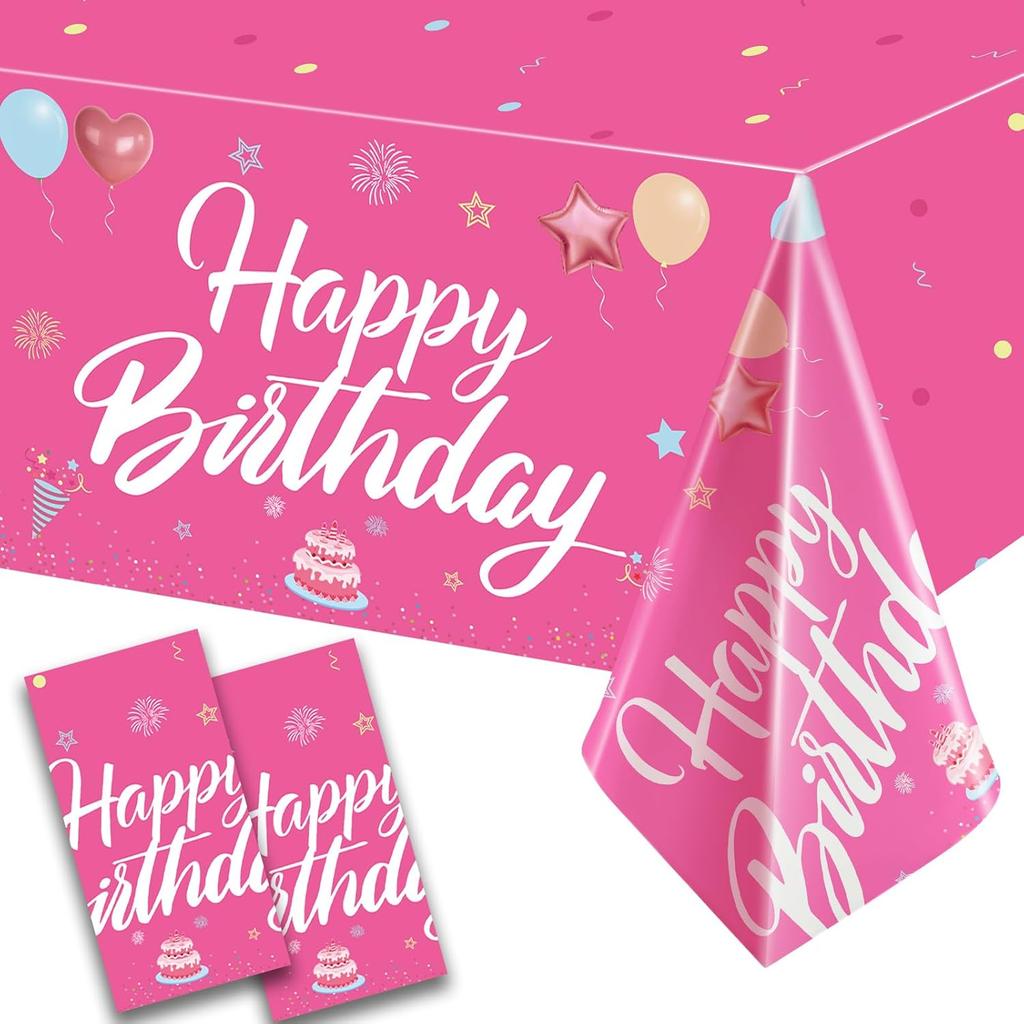 Happy Birthday Tablecloth Decorations 108 x 54 Inch for Women Girls, 2Pcs Disposable Plastic Birthday TableCovers Party Supplies, Hot Pink Waterproof