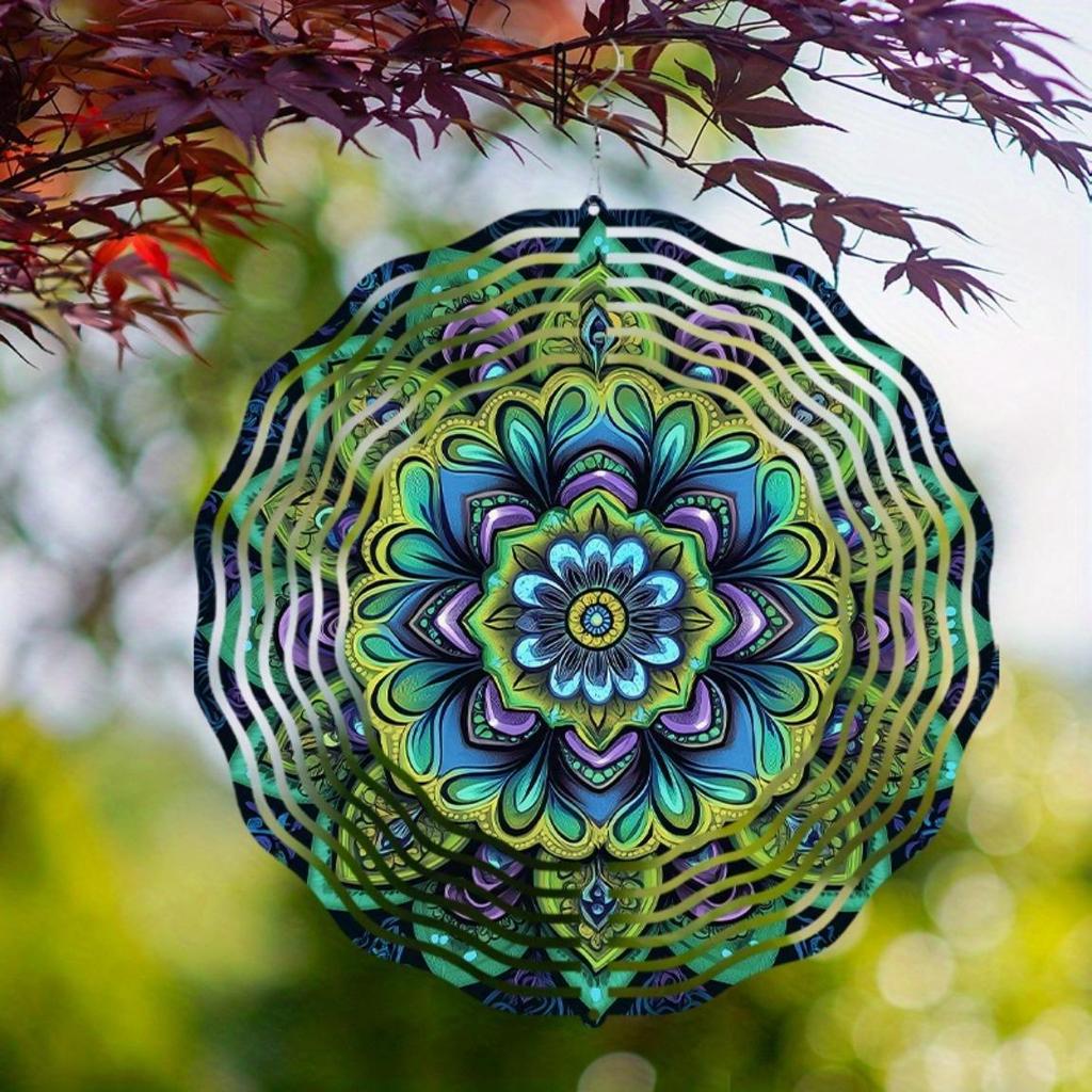 Vibrant Mandala Metal Wind Chime Outdoor Hanging Kinetic Yard Art with Colorful Floral Design in Green Blue Purple Yellow for Christmas Halloween