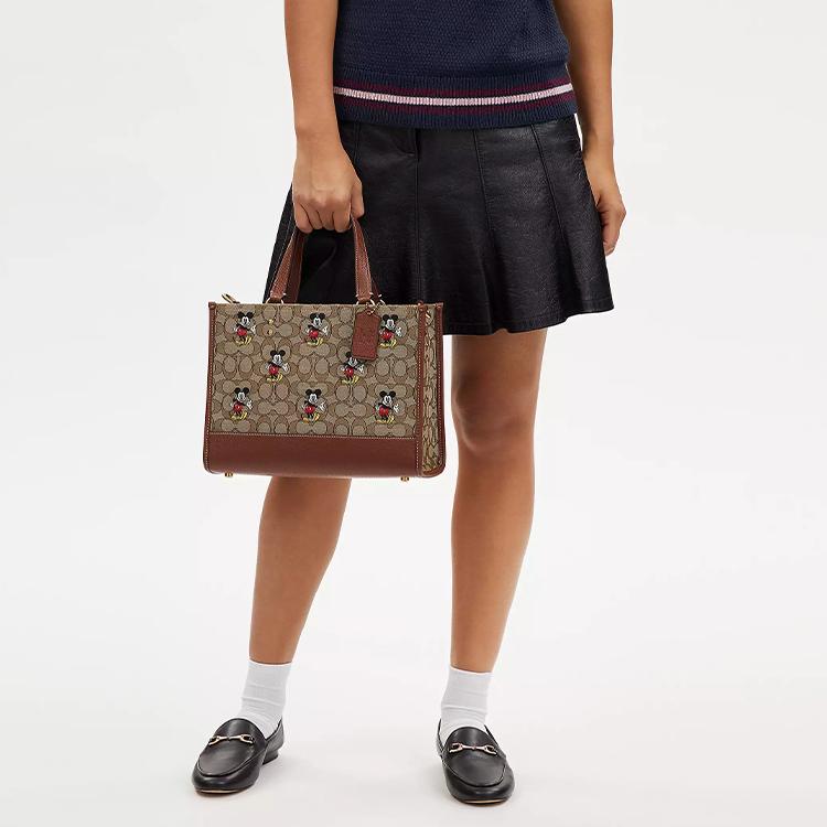 Coach X Disney Dempsey 29 Classic Monogram Jacquard Leather Tote Bag Women Tote Brass Khaki Mahogany CM198-B4R3U