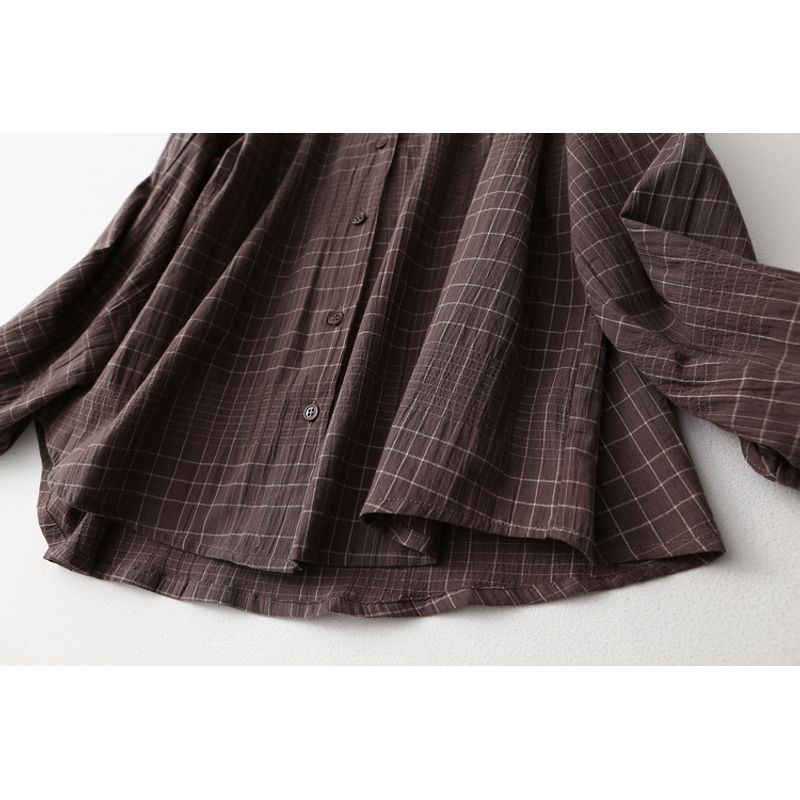 Goods Tail Order! Plaid Breathable Mori Artistic Style Loose Tummy Hiding Slimming Thin Cotton Long Sleeves Shirt for Women Spring and Summer