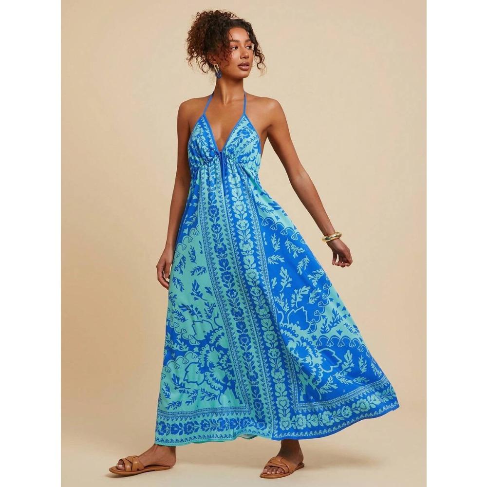 

European and American Summer V-neck Backless Sexy Wind Positioning Printing Burning Dress D10 S синий