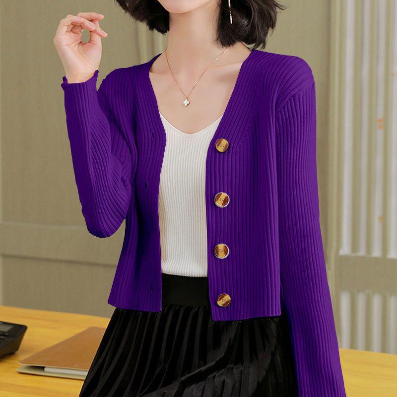 Spring Autumn Women's Short Cardigan Casual Solid Color Slim-fit Knitted Cardigan V-neck Long-sleeve Knitted Top