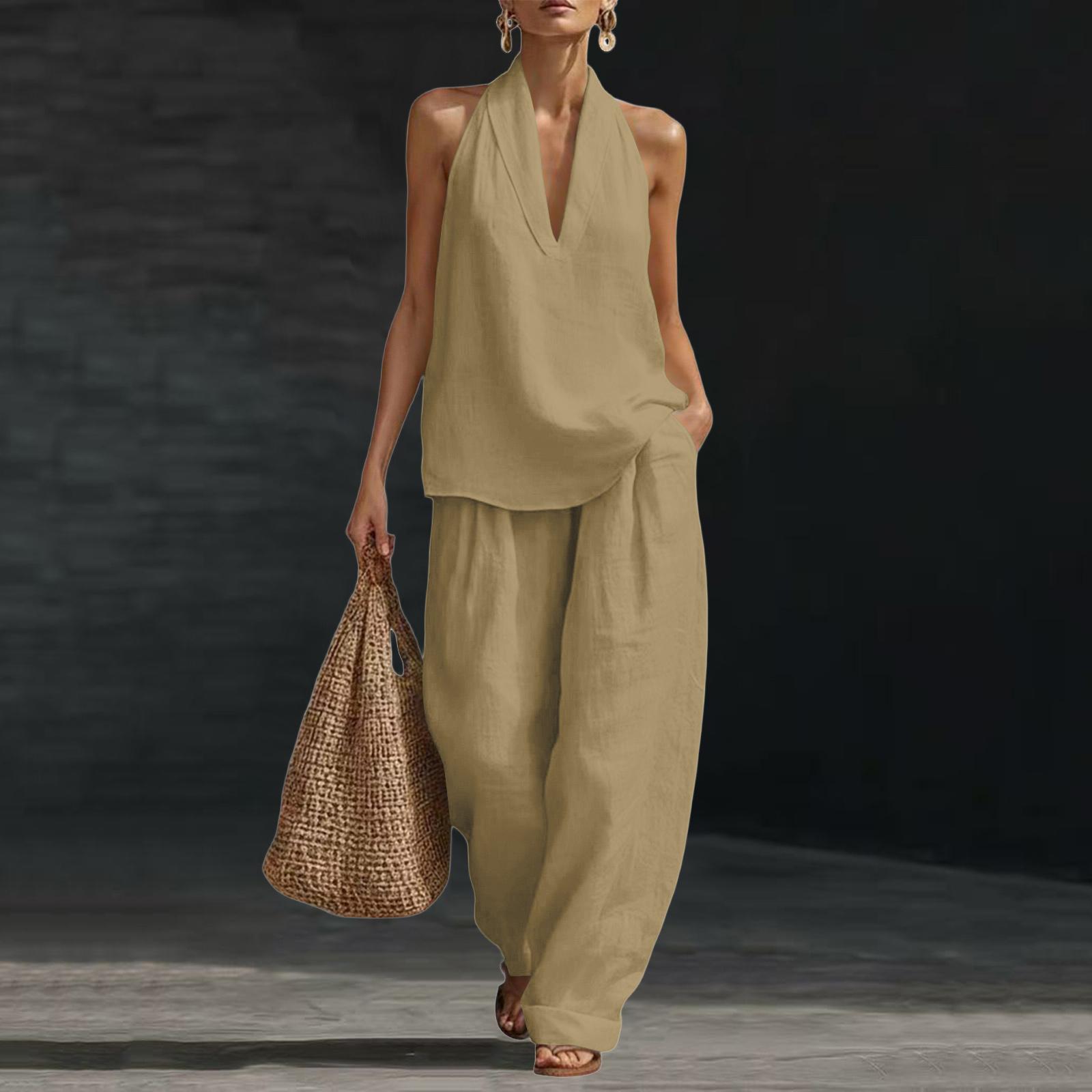 Women s Sleeveless Loose Fit Halter Neck Top and Wide Leg Pants Two Piece Set Casual Summer Outfit Lightweight Fabric XXL