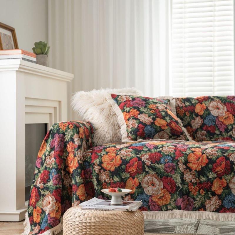 Exquisite sofa towel anti-cat scratch jacquard flower bird green retro festive festival thick sofa blanket