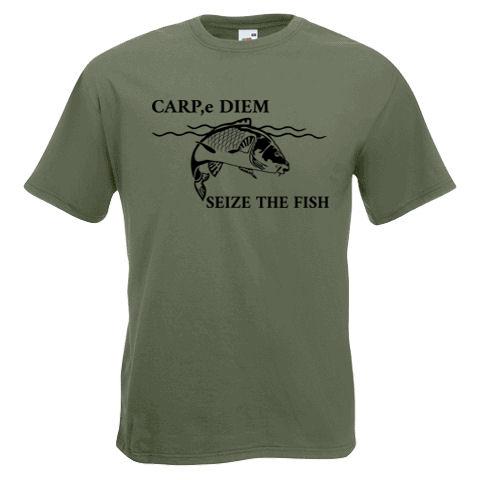 Adults Carp E Diem Seize The Fish Fisherunisex Fishing Carp Unisex Olive TShirt 2XL