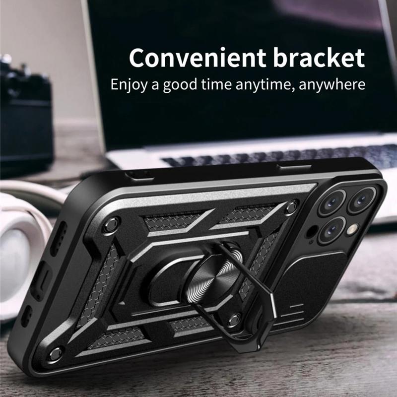 Shockproof Armor Case for iPhone 14 Pro Max Plus Windows Slide Camera Lens Protection Ring Stand Phone Cover for iPhone 14pro 14promax 14plus Cases