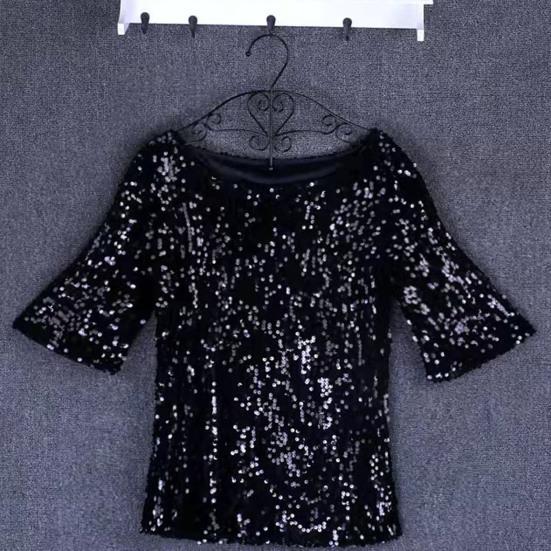 Women Sequin Top Sparkling T-shirt Stylish Comfortable Mid Sleeve Blouse Streetwear for Stage Performances Daily Wear