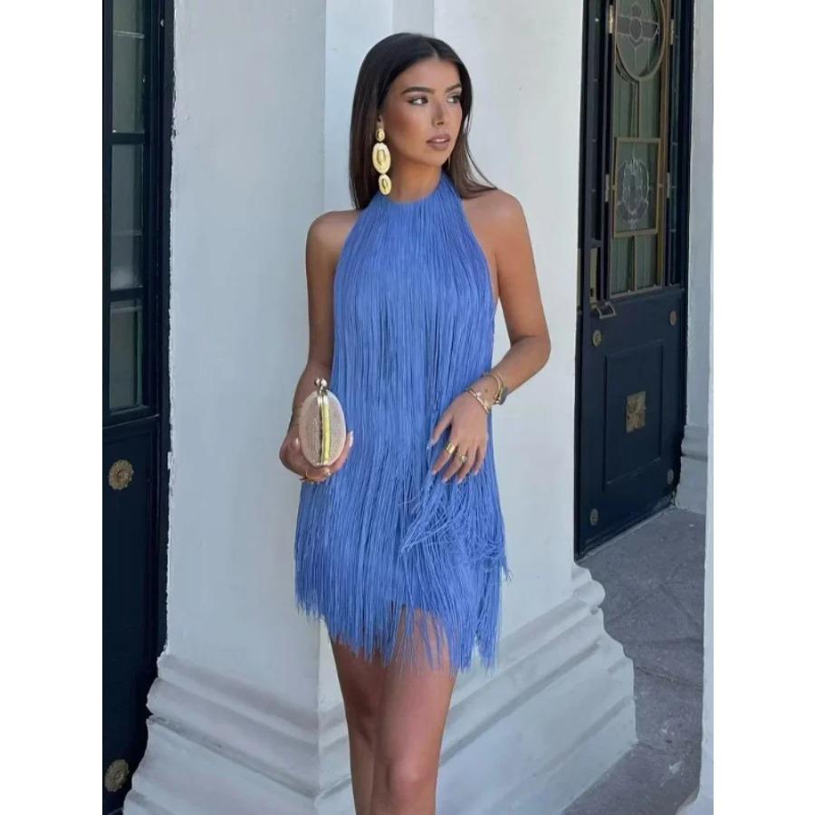 Chic Fringe Halter Mini Dress Women Sexy Sleeveless Off-shoulder Backless Bodycon Dresses Lady Summer Vacation Beach Gowns 2026