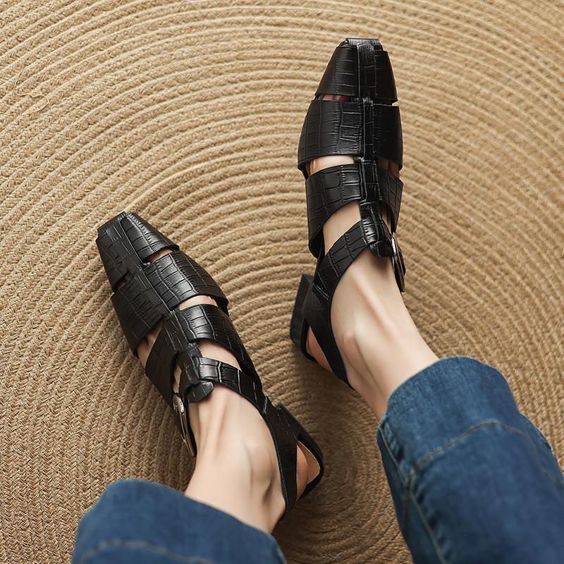 Fashion Women's Cow Leather Square Toe Hollow-out Ankle Strap Low-heel Sandals High Quality Soft Comfortable Elegant Ladies Daily Shoes