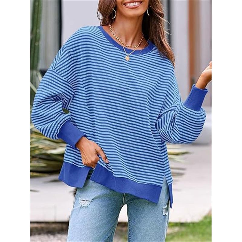Dames Gestreept Crewneck Sweatshirt Los Oversized Lange Mouw Pullover Casual Dagelijks Blouse Top