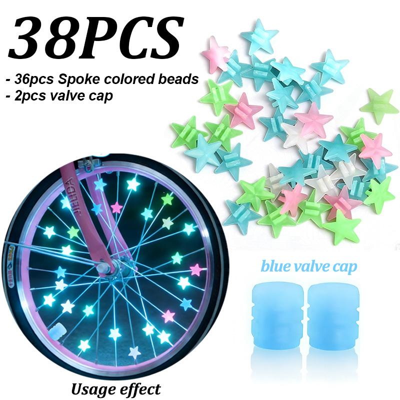 38Pcs Glow-in-the-Dark Spoke Beads & Valve Caps Set, Luminous Star Wheel Decorations for Night Riding