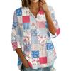 Women's Button Front Shirt Patchwork Print Loose Fit Three Quarter Sleeve Blouse Collared Neck Casual Top