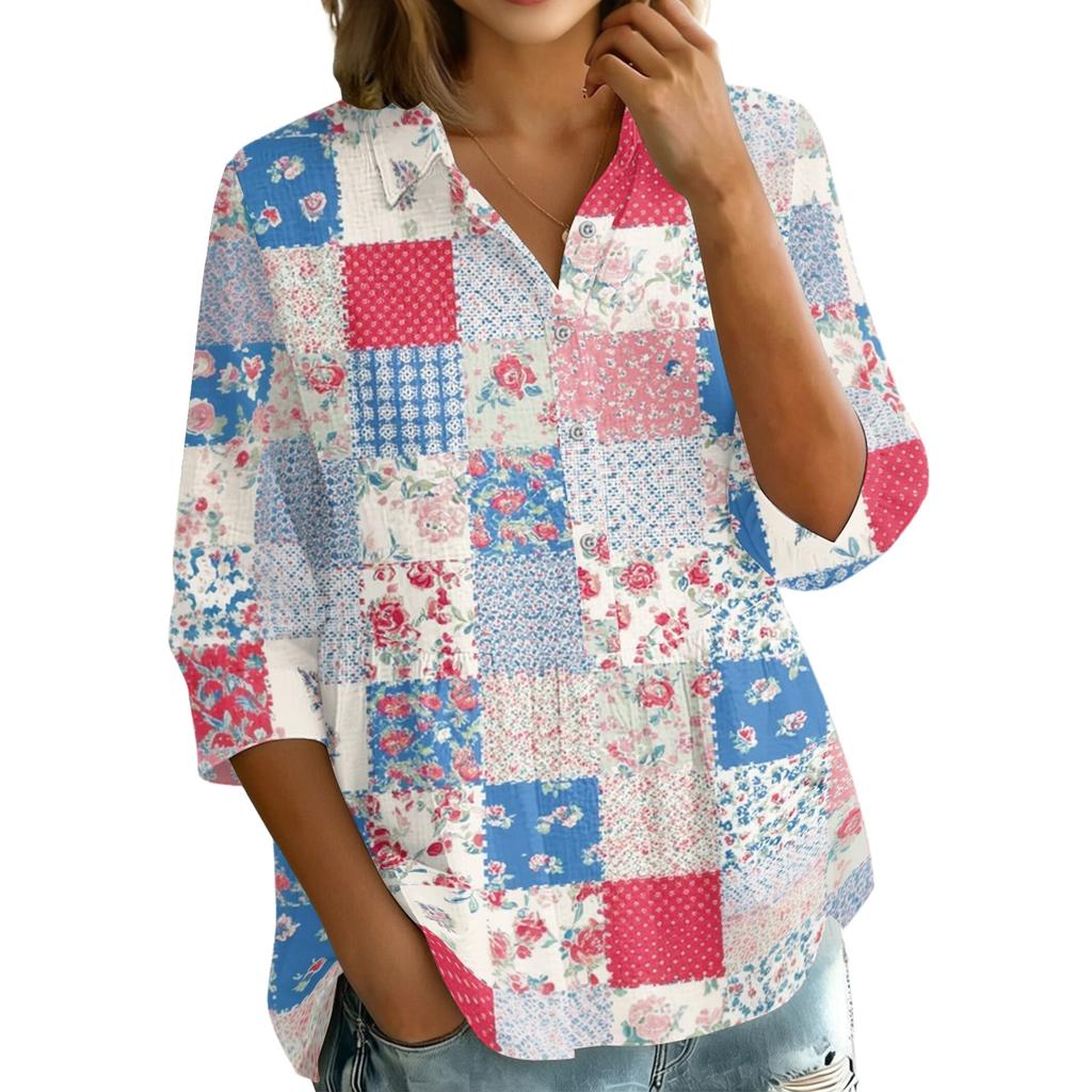 Women's Button Front Shirt Patchwork Print Loose Fit Three Quarter Sleeve Blouse Collared Neck Casual Top