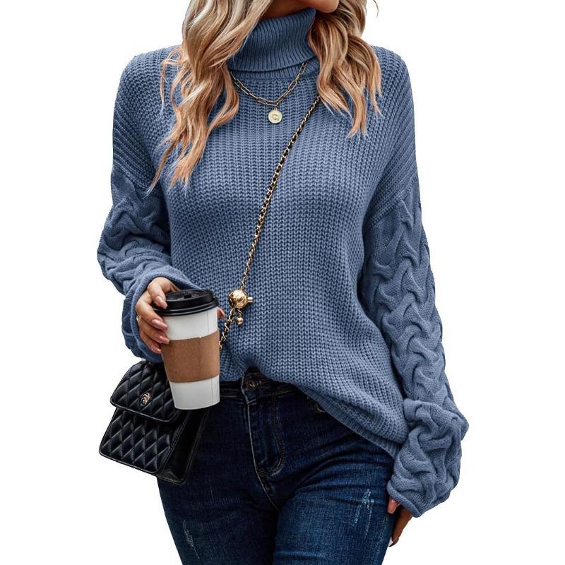 Übergröße Pullover Mode Hoher Kragen Locker Zopf Langarm Damen Strickware