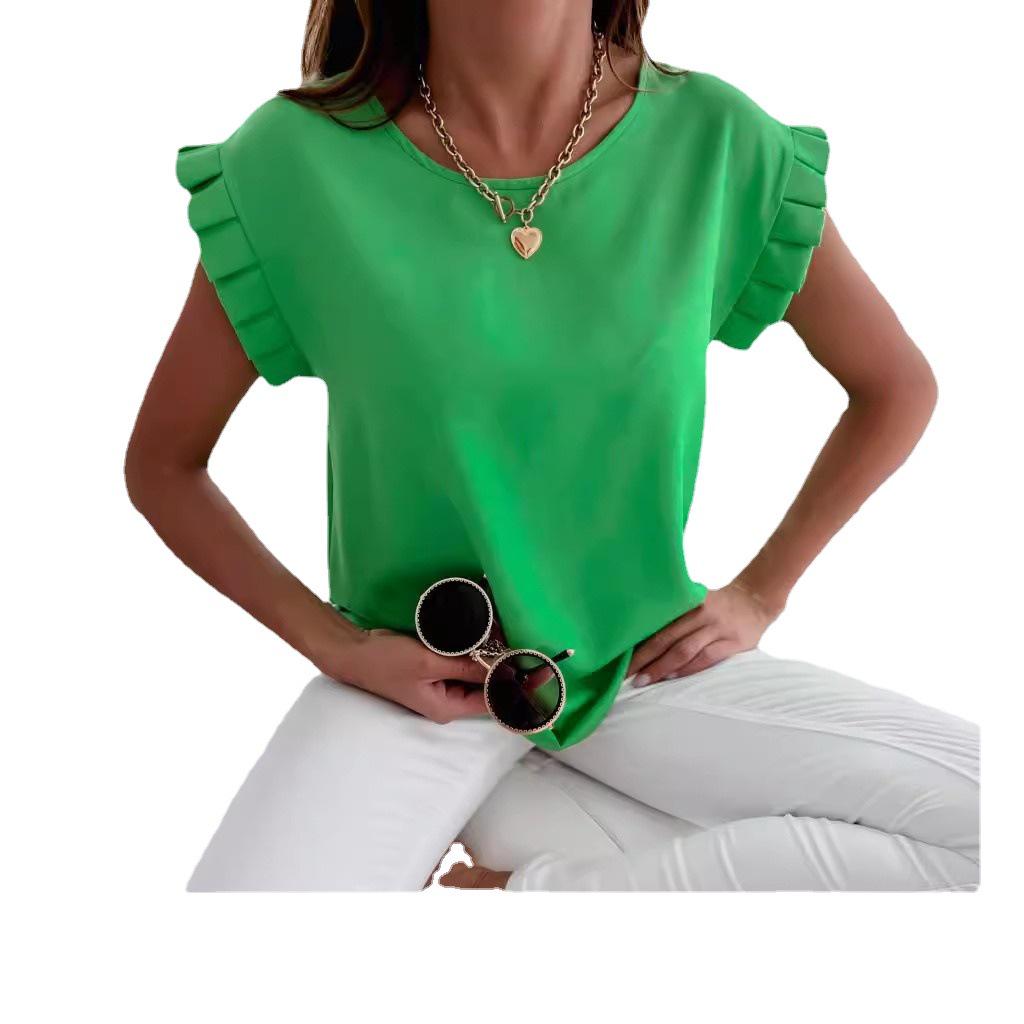2024 Women's Summer Ruffle Blouse - Casual Short-Sleeve Round Neck Shirt