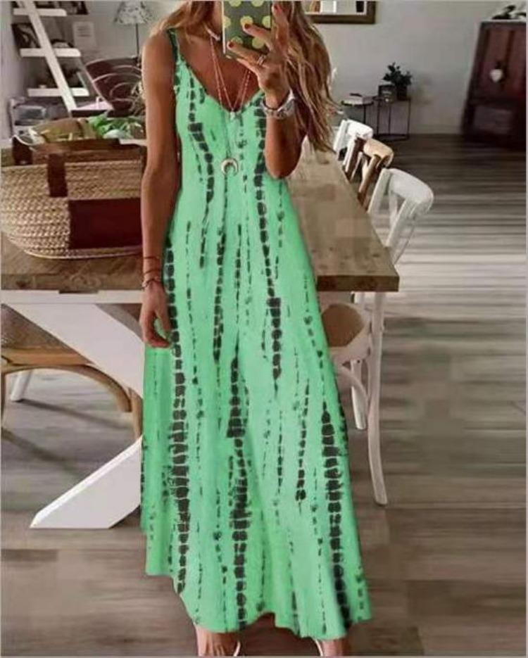 Summer Maxi Dress  Trendy Spaghetti Strap Tie Dye Print European American Style