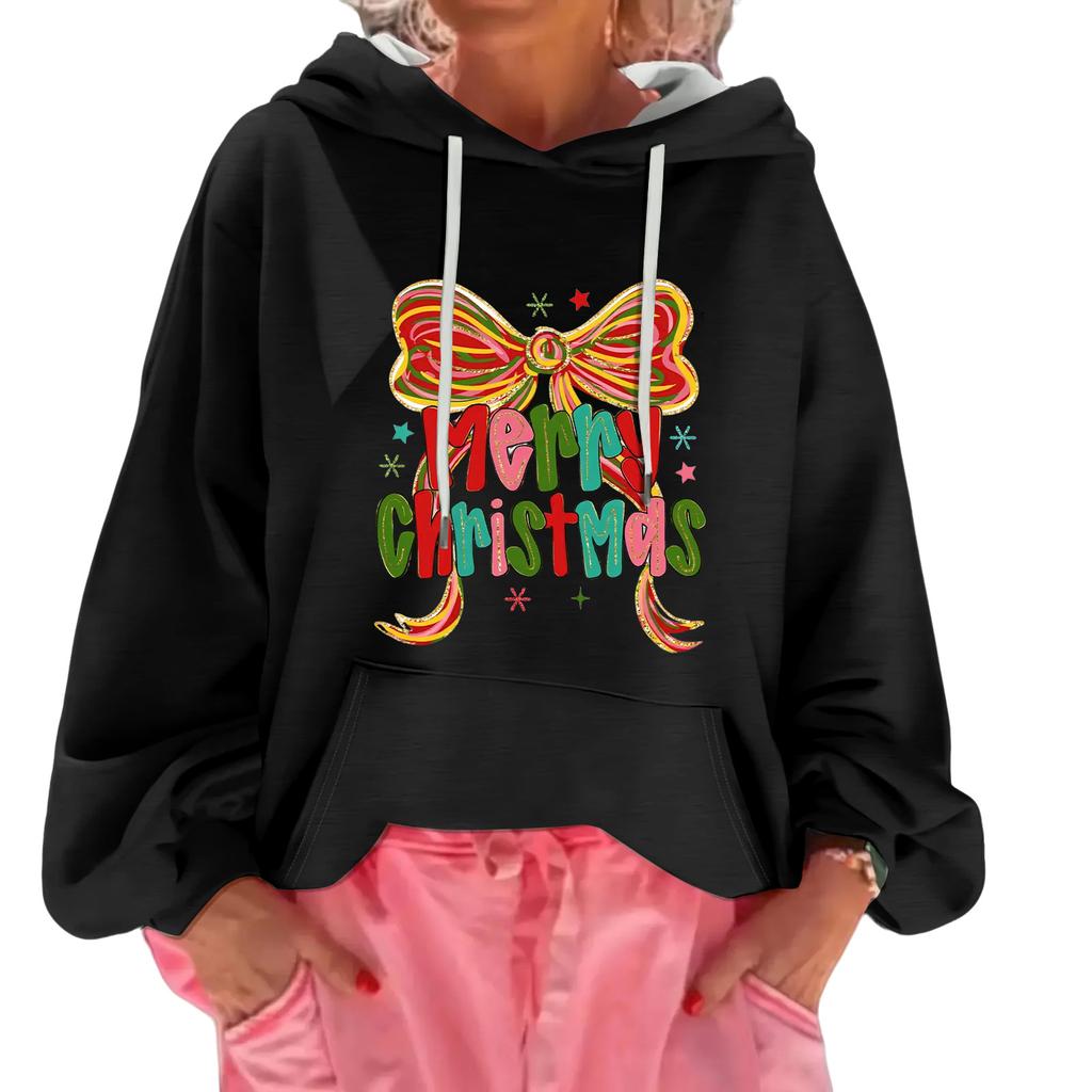 Women's Christmas Print Loose Casual Long Sleeve Hooded Sweatshirt