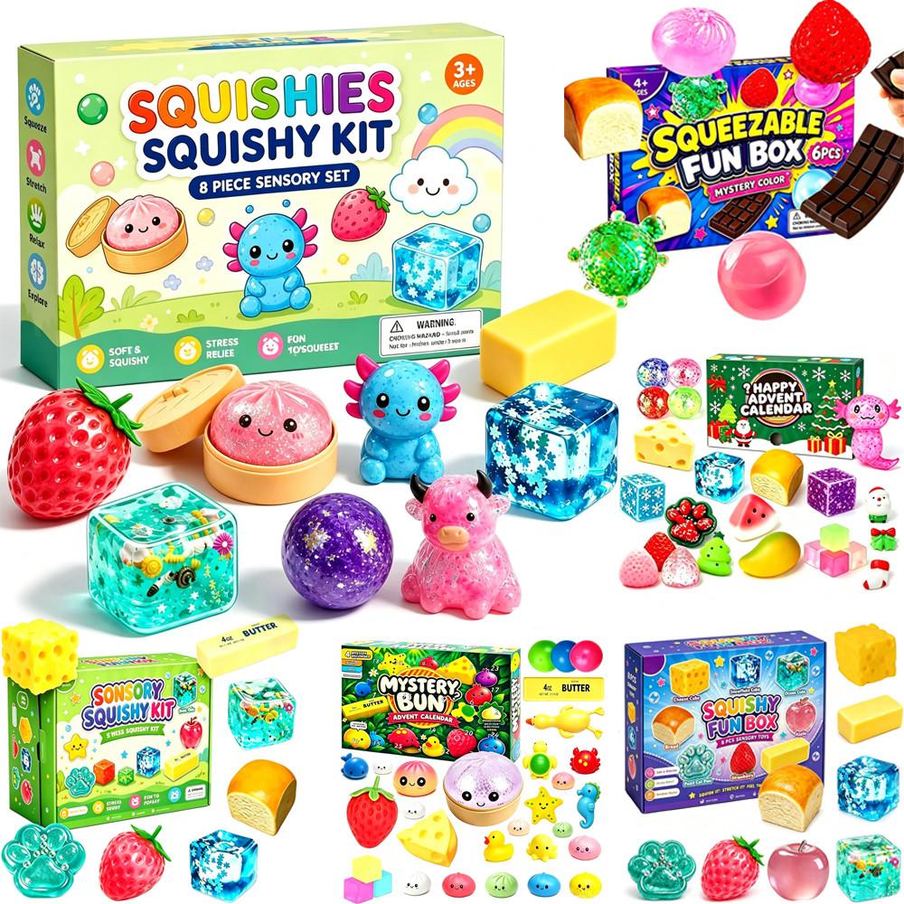 Squishy Sensory Toys Set Cute Soft Squeeze Fidget Toy Kit Stress Relief Squishies For Kids Christmas Advent Calendar Gift For Boys Girls Party Favors