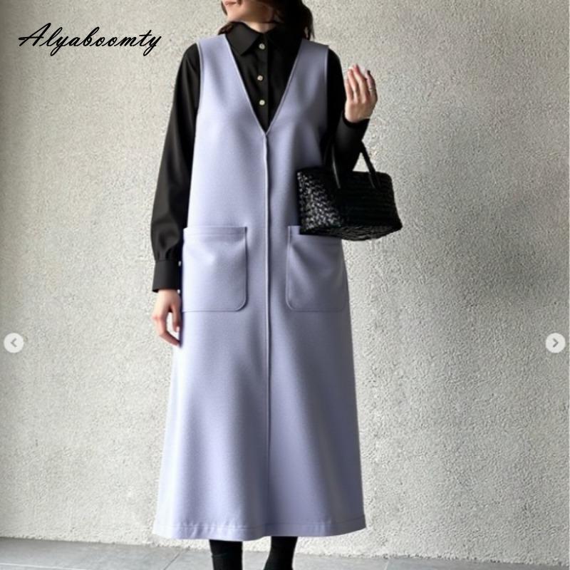 Korean Fashion Autumn Winter Women Sundress V Neck Blue Woolen Midi Sleeveless Dress Warm Wool Tank Dress With Pockets