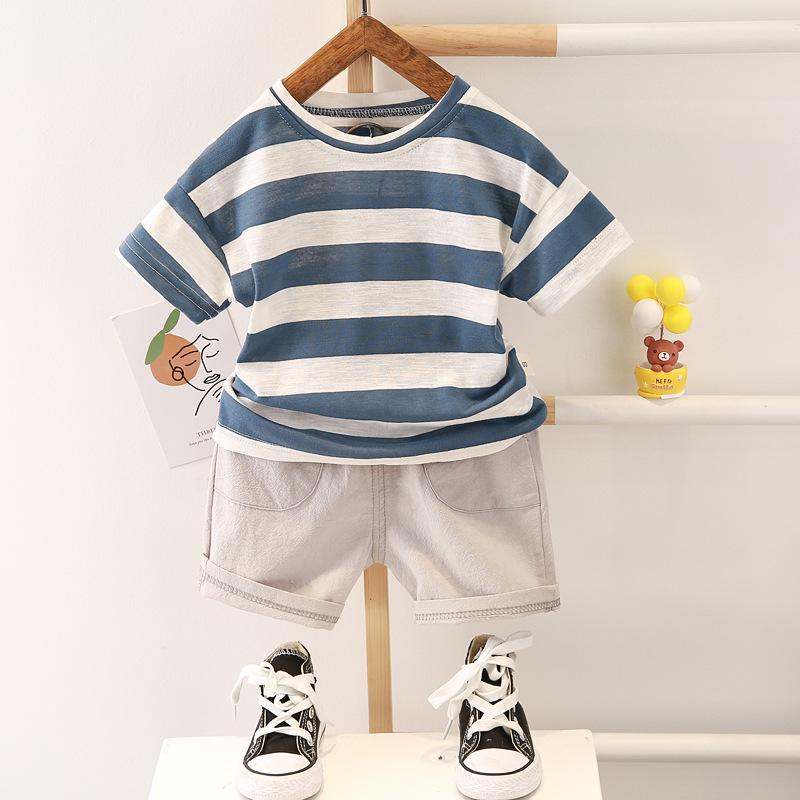 

Boys Short sleeved Set Summer 0-5-year-old Boys Striped Printed T-shirt+Casual Shorts Two piece Set Children s High Quality Clothes XXL синій