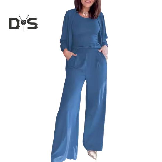 3 Pcs/Set Women Vest Coat Pants Suit Round Neck Sleeveless Solid Color Blouse Elastic Waist Wide Leg Trousers Daily Wear Sport Outfit Fall Spring