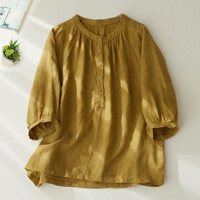 Summer Women Cotton Linen Blouse Loose Top Solid Half Open Neck Round Neck Short Sleeve Shirt
