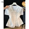 French Style Summer Women Sweet Blouse V Neck White Blue Lace Patchwork Ribbon Shirt Cotton Feminine Elegant Blouse