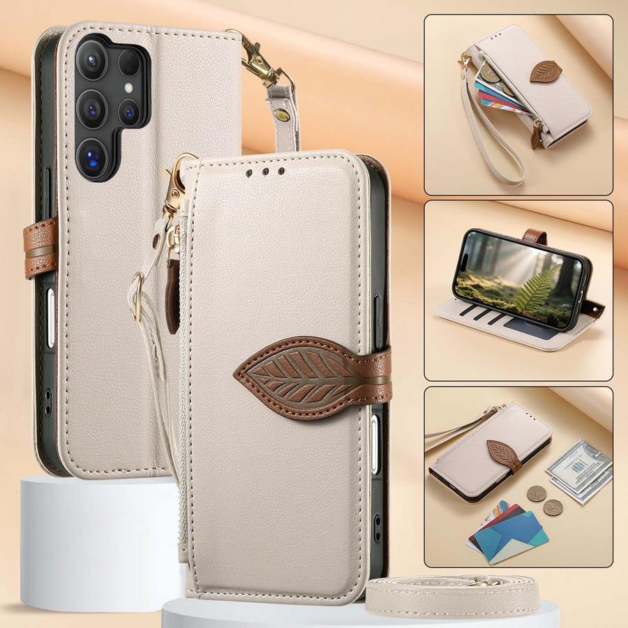 PU Leather Leaf Buckle Multi-function Wallet Case for OPPO/VIVO/Redmi/Google 3 Card Slots + Zip Coin Pocket + Stand & Detachable Long Shoulder Strap