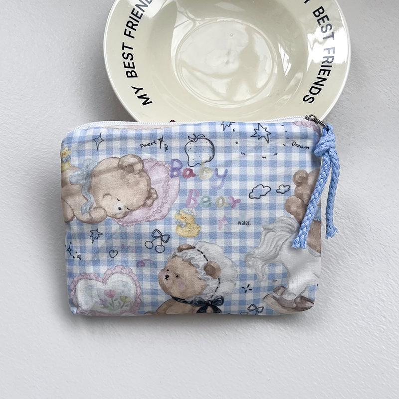 Adorable Blue Cartoon Makeup Bag: Mini Pure Cotton Coin and Earphone Pouch, Lipstick Carrier, Portable Storage.