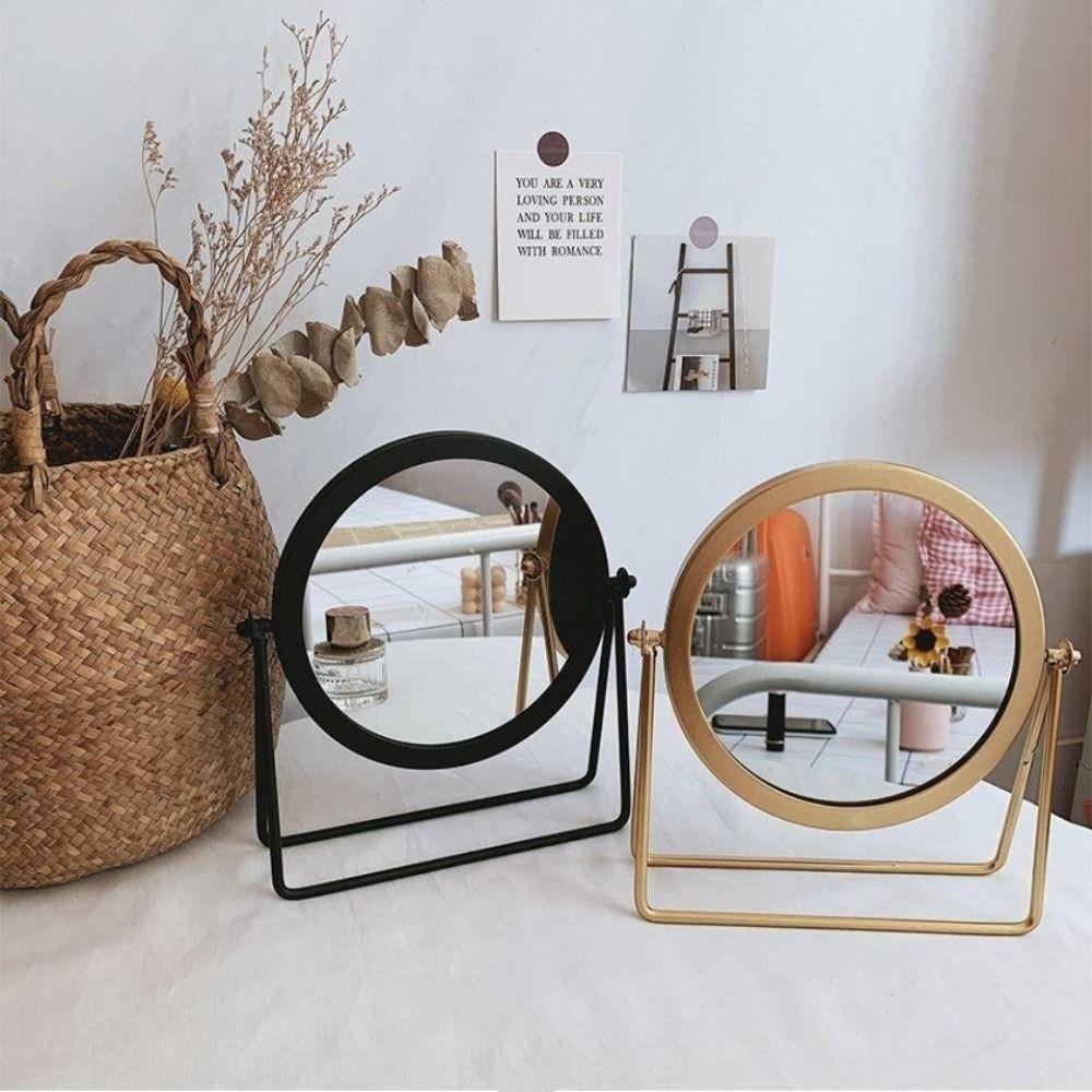 Metal Makeup Mirror with Stand Round Dressing Mirror Retro Desktop Mirror  Bedroom
