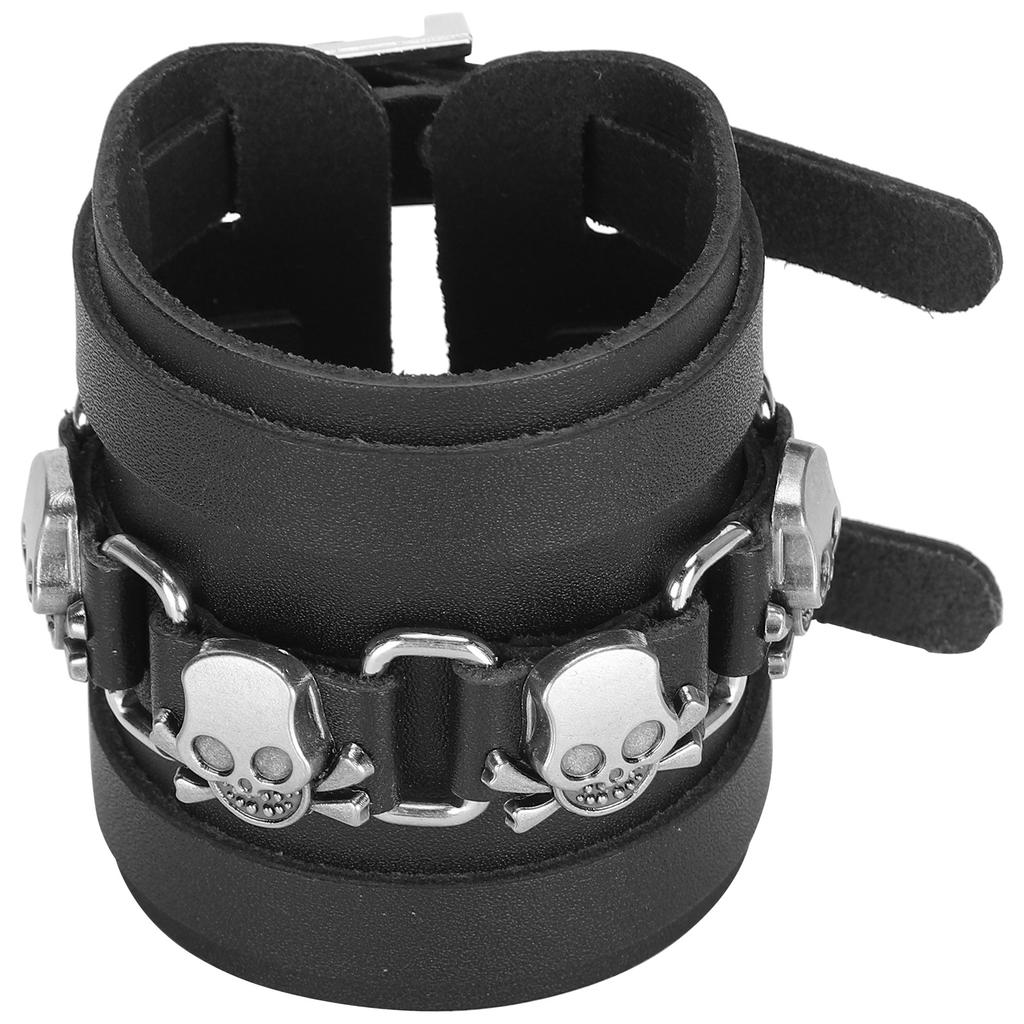 Braided Bracelet Split Leather Adjustable Pin Buckle HandMade Vintage Skull Wrist Cuff Jewelry(Black )