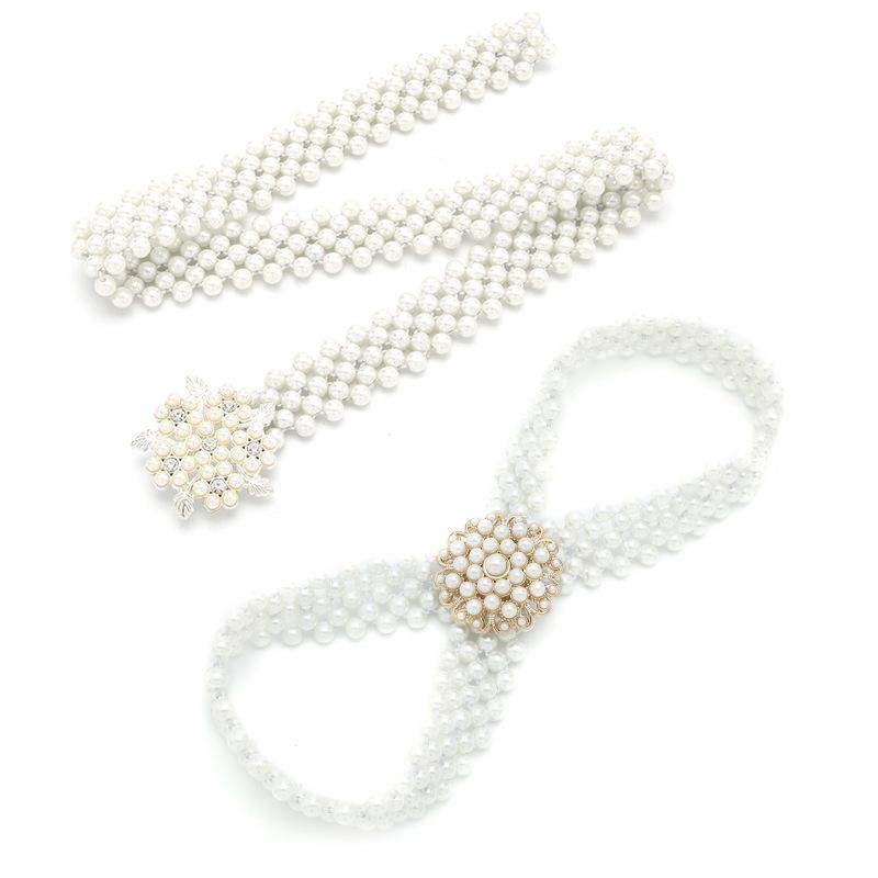 Pearl Rhinestones With Belt, Women'S Literary And Elegant Decoration, Multi-Row White Beaded Elastic Waist Chain