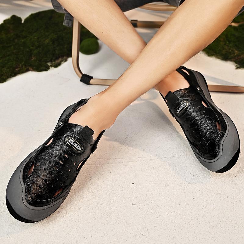 Fashion Summer Fashion New Men's Comfortable Two-layer Cowhide Toe Cap Sandals Brand Outdoor Men's Thick Soled Anti Slip Beach Shoes