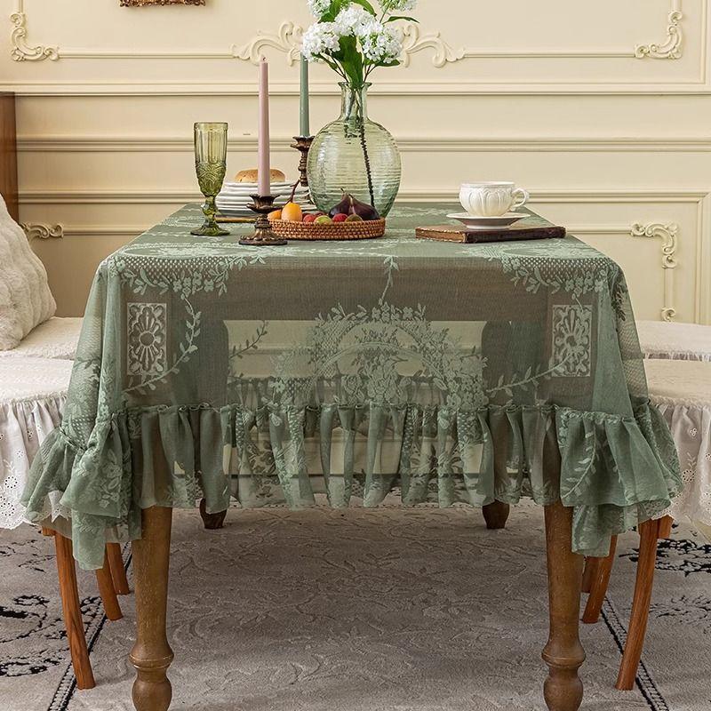Floral Lace Polyester Tablecloth, Square French Vintage Lace Edge Design for Dining, Coffee Table & Party Decor