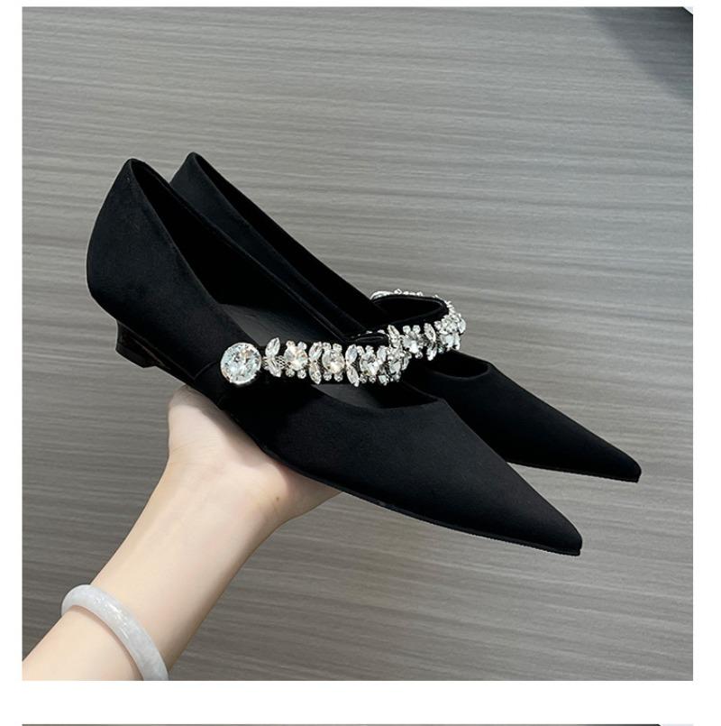 2025 New Fashionable and Versatile Solid Color Pointed Toe Women's Single Shoes with Rhinestone Decoration Slip-on Women's Shoes