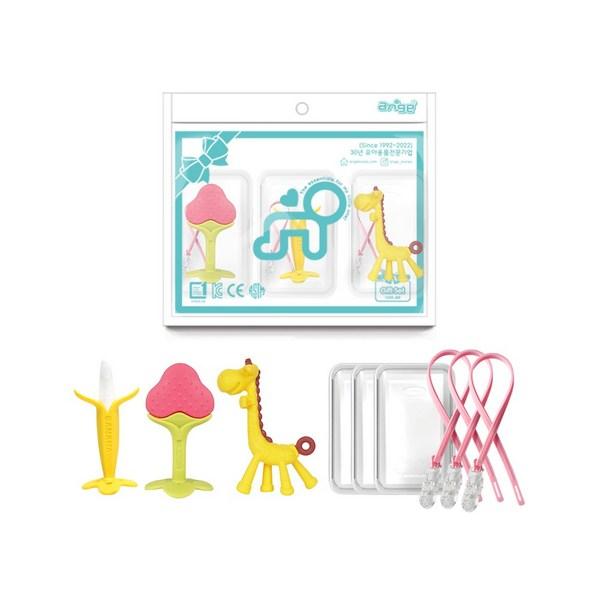 Anju Beißring 3p + Etui 3p Klemmhalter-Set, Banane + Erdbeere + Giraffe, gemischte Farben, 1 Set, koreanische Babyprodukte