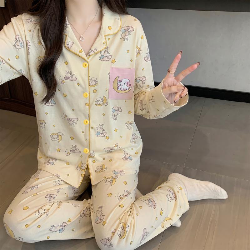 Cute style rabbit pure cotton pajamas women's spring and autumn long-sleeved thin cotton student casual loungewear set