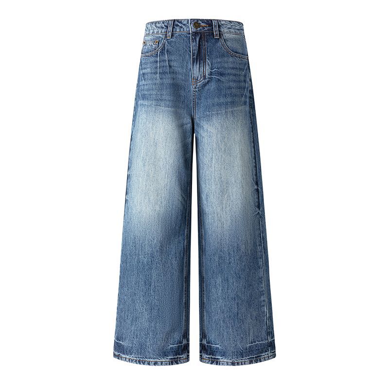 Spring Summer Vintage Cat Whisker Relax Straight Floor Wide Leg Long Denim Pants For Women Casual Pants Oversize Denim Trousers