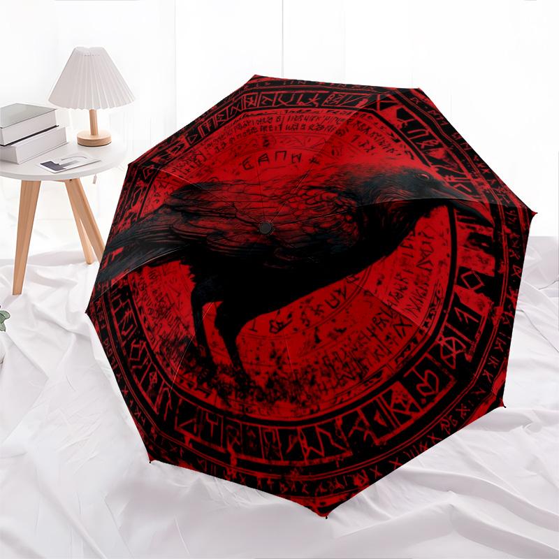 Rune Raven pattern, automatic folding umbrella, portable and foldable design, 8 ribs, a Christmas or birthday gift.