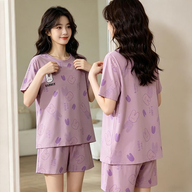 Summer casual comfortable cotton women's pajamas gentle and cute cartoon round neck short-sleeved cropped pants three-piece loungewear