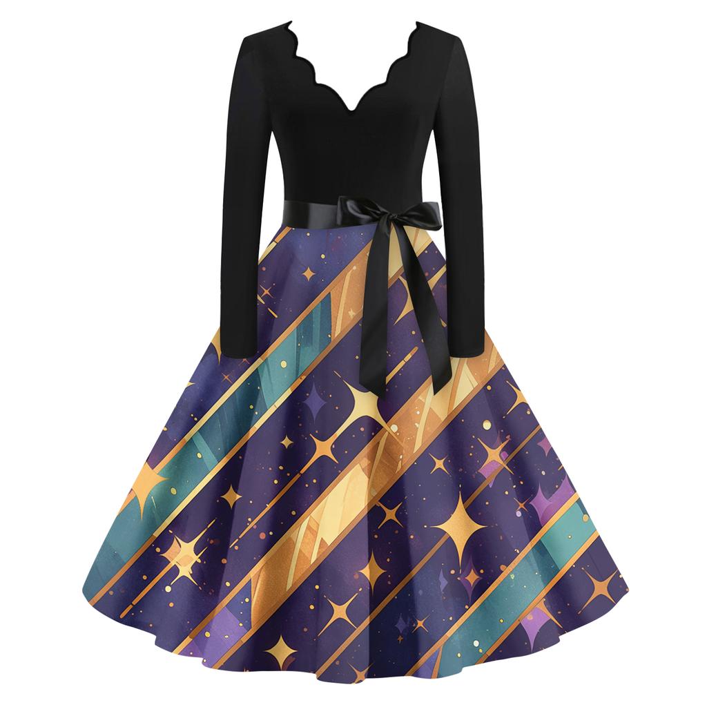 Women's Casual Fashion V Neck Long Sleeve Printed Vintage Long Dress