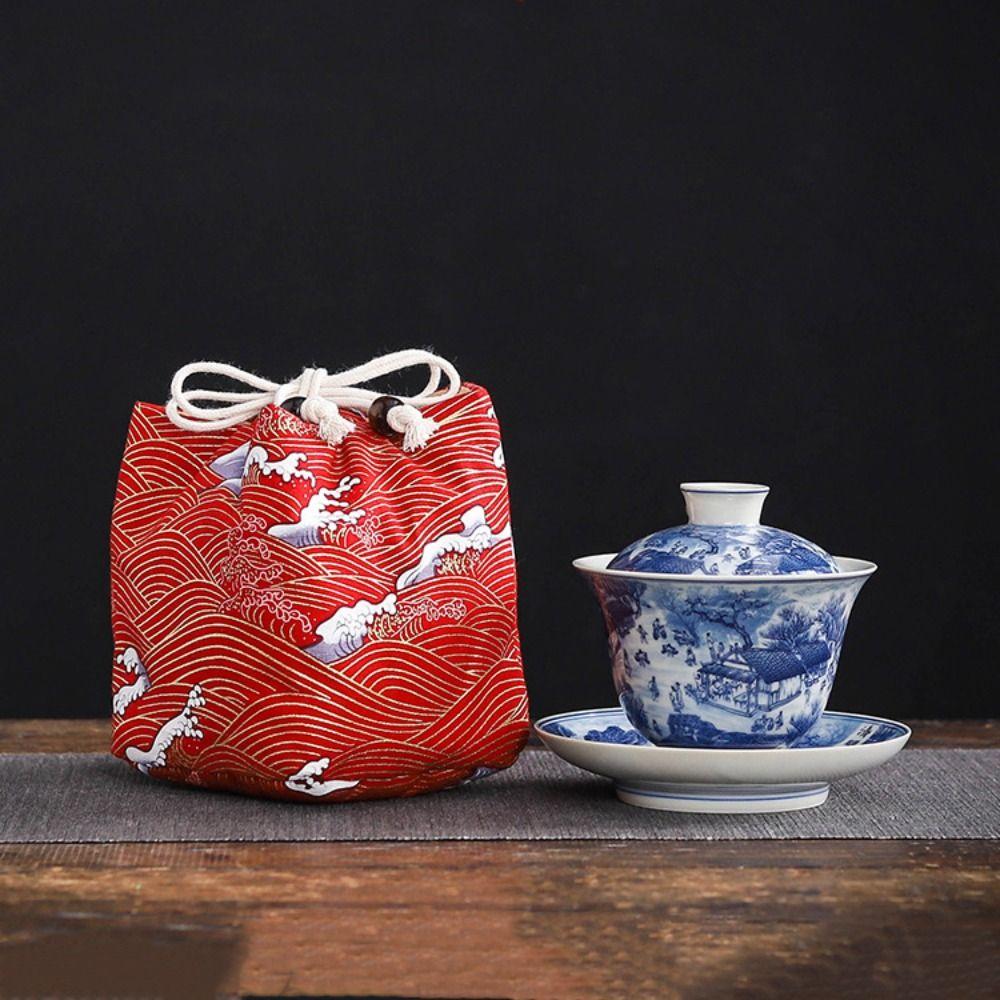 Canvas Chinese Style Handbag Cloud Square Flower Wrist Bag Elegant Tea Set Storage Bag  Streetwear