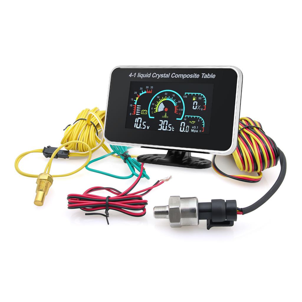 4 In 1 LCD Car Digital Water Temp Oil Pressure Voltmeter Fuel Level Gauge Meter Oil Pressure Sensor + Water Temperature Sensor