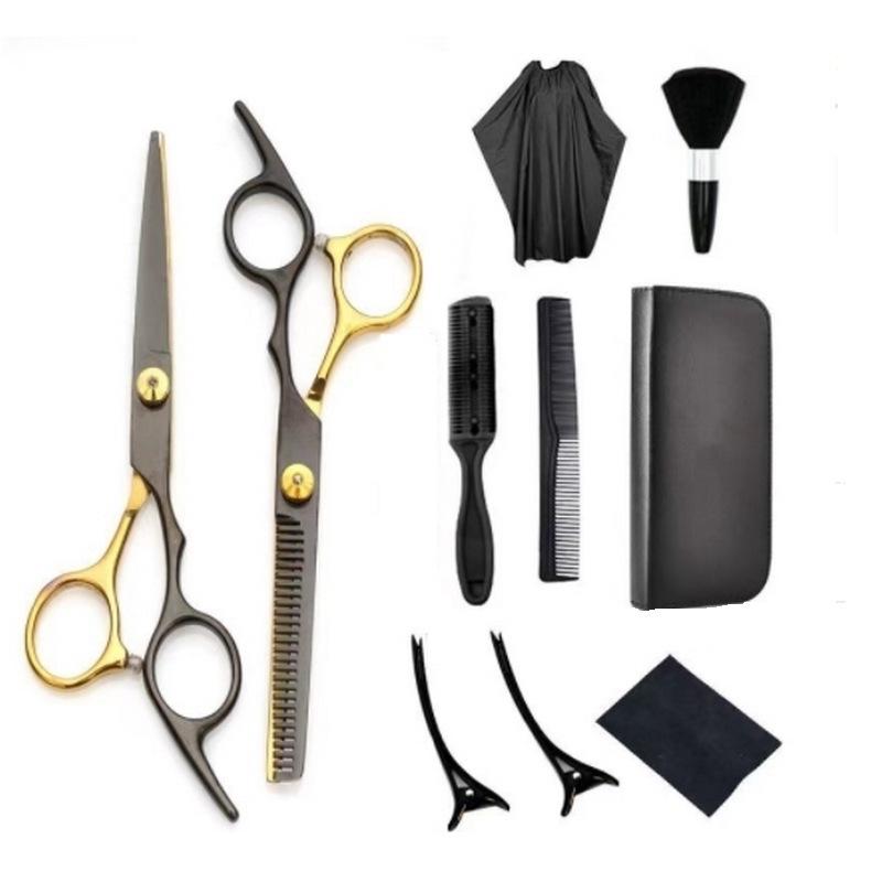 Black Gold Hairdressing Scissors Set: Flat Cut & Thinning Scissors for Women - Perfect for Home Haircuts and Bangs.