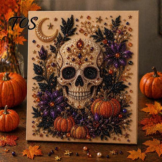 Halloween Wall Decor Kits Faux Pearl Art DIY Kit, Spooky Cute 3D Beads Painting Crafts, Autumn Atmosphere Gothic Ghost Pumpkin Cat Crow for